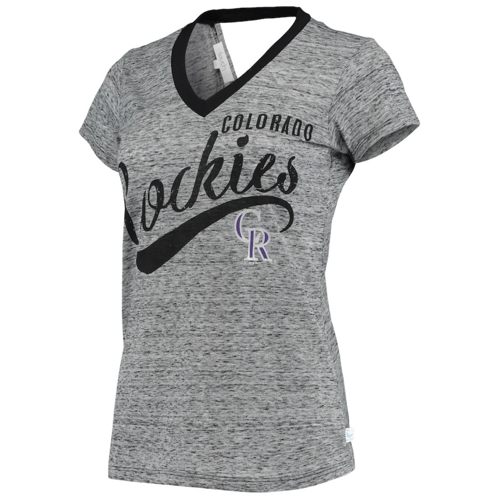 Women's Colorado Rockies Black Hail Mary Back Wrap Space-Dye V-Neck T-Shirt